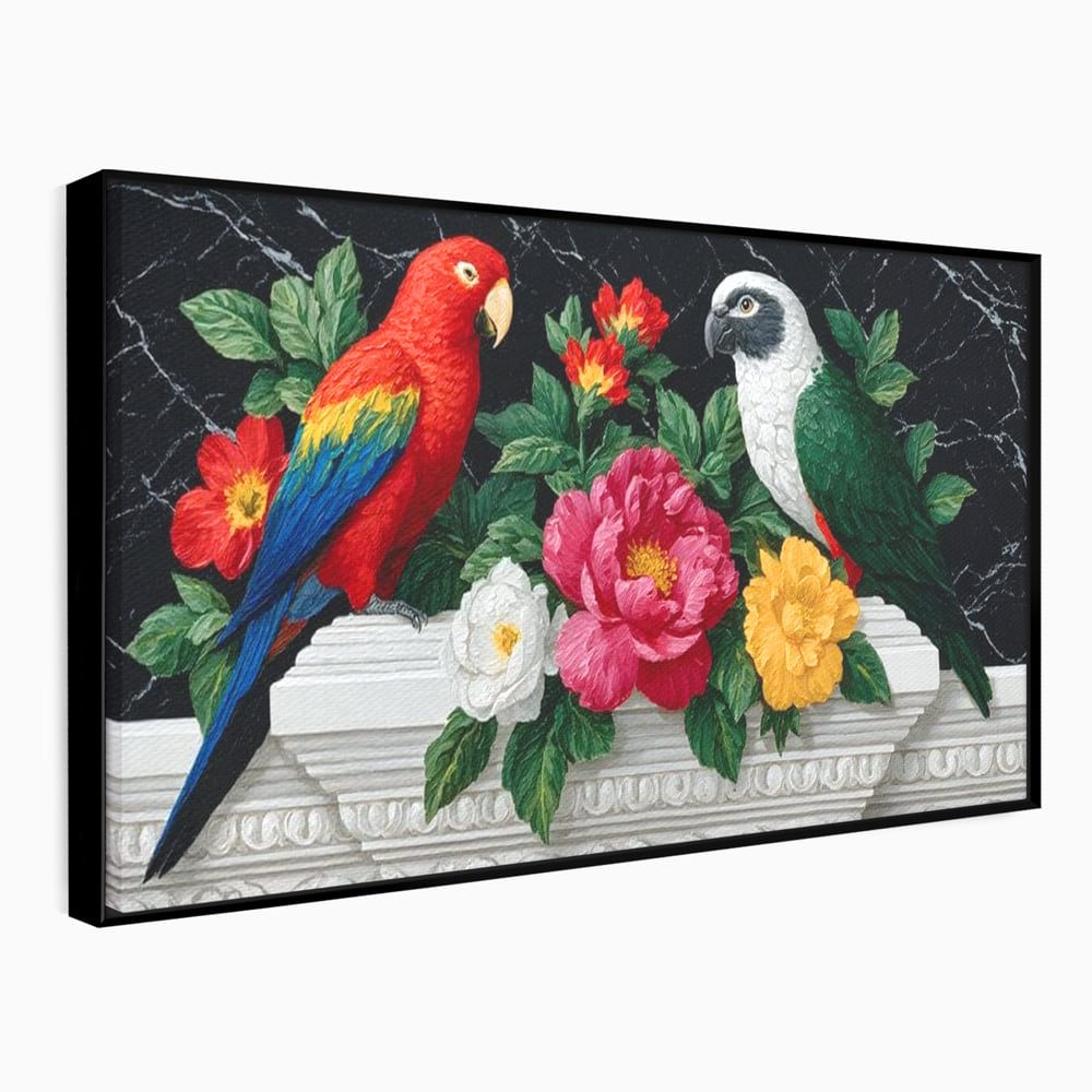 Tablou canvas cu pictura cu papagali si flori, in rama de aluminiu negru